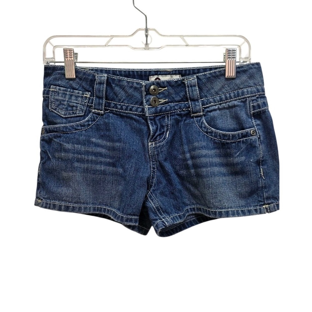 SO Women's Low Rise Denim Shorts Size 1 Y2K Double Button Embroidered Blue Jean